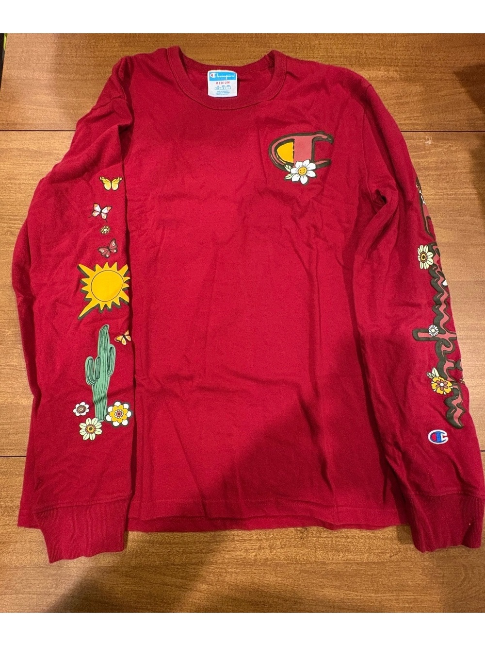 Champion Red Long Sleeve Graphic T-Shirt with Floral and Nature Prints